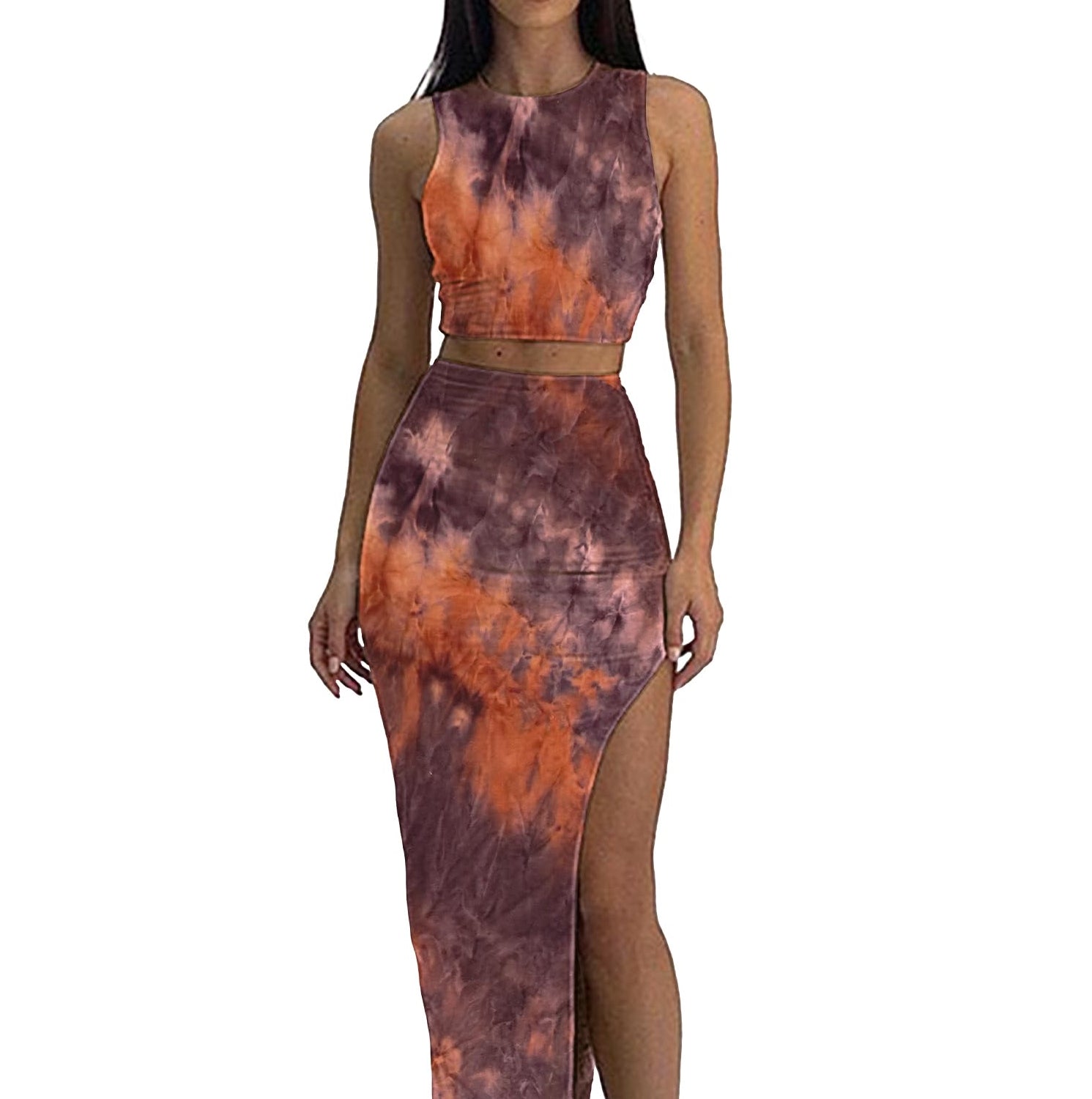 Two Piece Maxi Skirt Set- High Slit Long Skirt and Sleeveless Crop Top