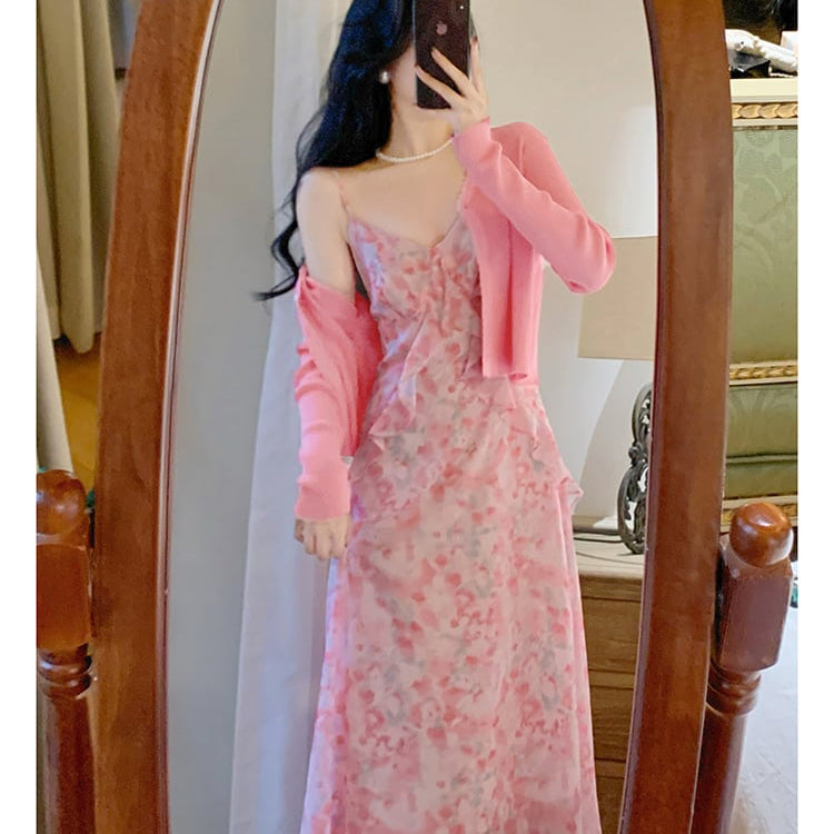 Pink Floral Halter Dress and Two-Piece Suit Set