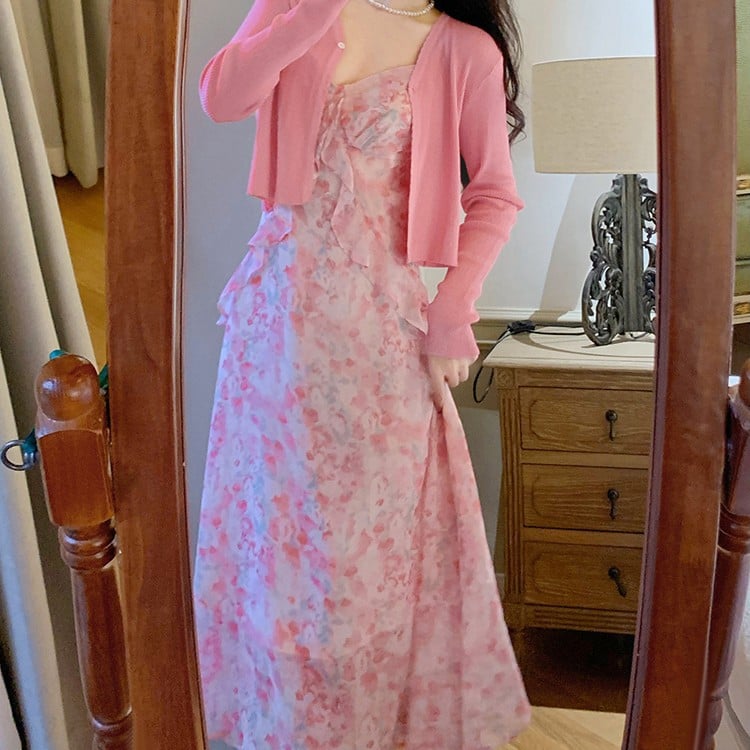 Pink Floral Halter Dress and Two-Piece Suit Set